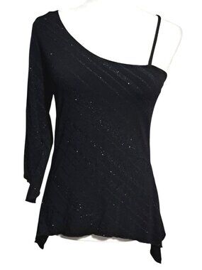 Y2K Eyelash One Shoulder Top Black Glitter Womens Size L Whimsygoth Polyester Bl